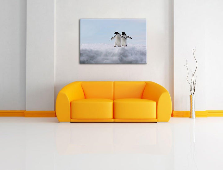 zwei kleine Adeliepinguine auf Eisscholle Leinwand, XXL riesige Bilder fertig gerahmt mit Keilrahmen