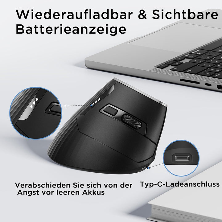 Vertikale maus kabellos, 2,4G ergonomische maus mit Akkuanzeige, 4 Stufen DPI, computermaus für Bequ