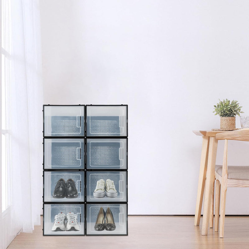 SABUIDDS Schuhboxen 8er Set Schuhkartons Kunststoffbox Stapelbar Transparent Aufbewahrungsbox mit De