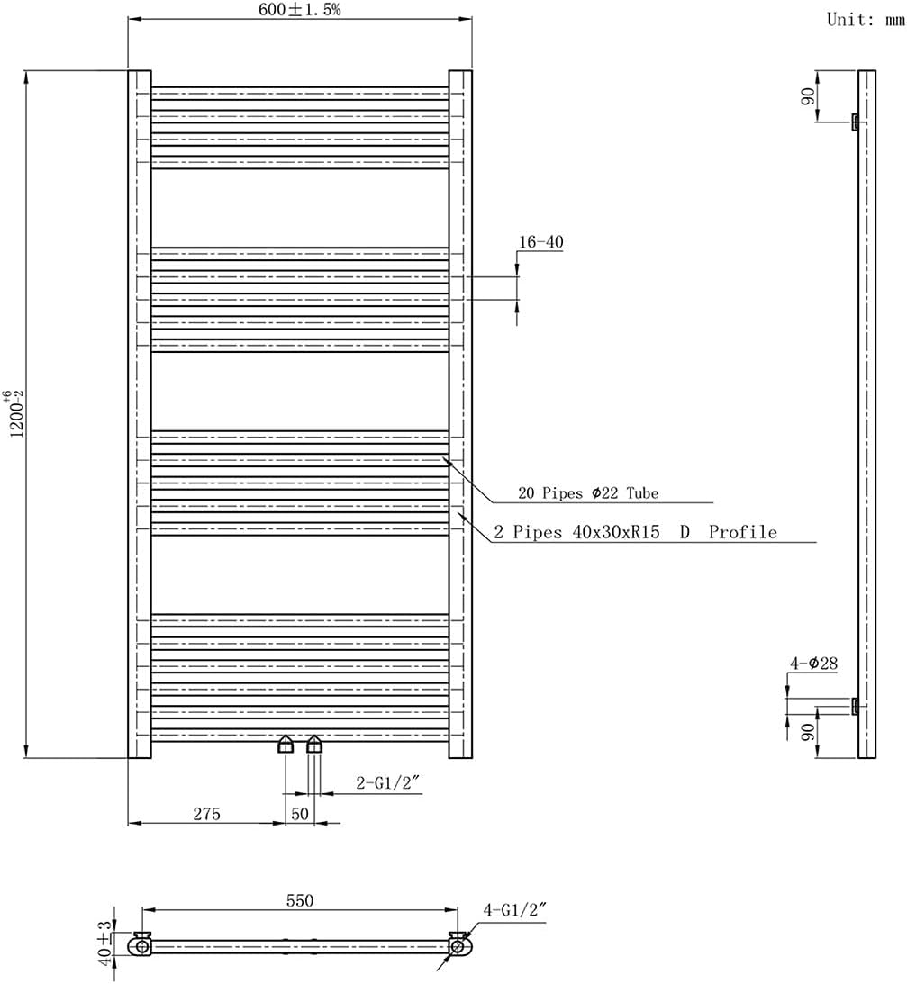 Belvit Badheizkörper, 1200x600 mm, 557 Watt, Mittelanschluss, Nabenabstand 50 mm, Qualitätsstahl, Ed