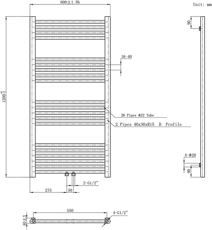 Belvit Badheizkörper, 1200x600 mm, 557 Watt, Mittelanschluss, Nabenabstand 50 mm, Qualitätsstahl, Ed