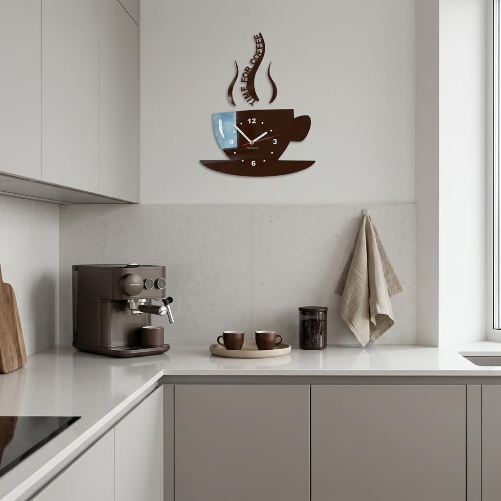 Tasse Time for Coffee (Zeit für Kaffee) Moderne Küche Wanduhr, Wenge Braun, 3D römisch, wanduhr deko