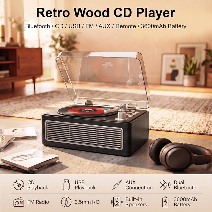 Gueray Tragbarer Bluetooth CD-Player mit Lautsprechern 3600mAh Wiederaufladbarer Vintage CD Spieler
