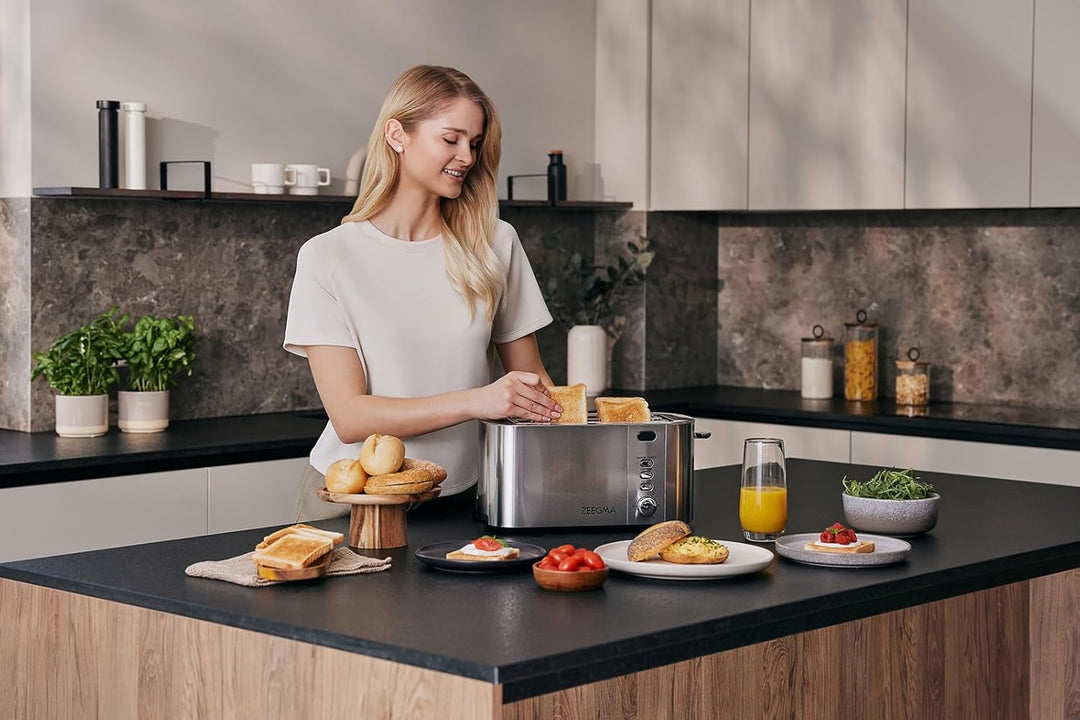 ZEEGMA TOSTEE CHEF 4-Scheiben-Edelstahl-Brottoaster, Brötchenhalter, 1500 W, Auftauen, Aufwärmen & S