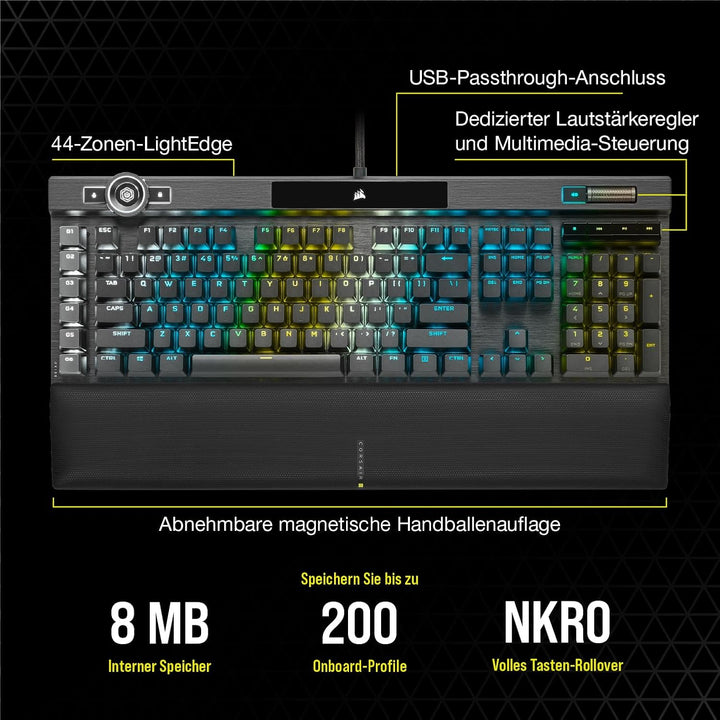 Corsair K100 RGB Optisch-Mechanische Gaming-Tastatur (OPX Optical: Blitzschnelle & Linearer, RGB Bel