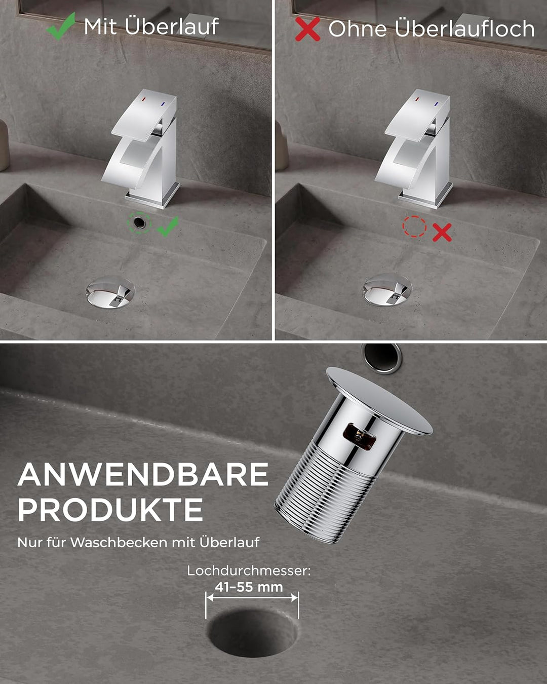 FORIOUS Wasserhahn Bad mit Ablaufgarnitur, Wasserfall Waschtischarmatur mit Auslauf Höhe 60 mm, Misc