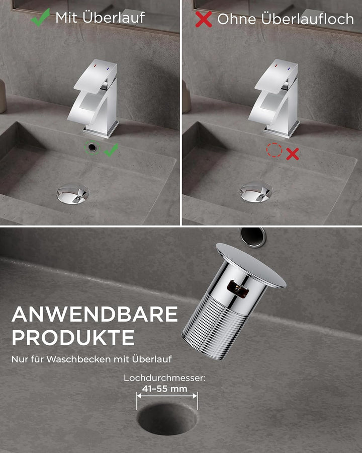 FORIOUS Wasserhahn Bad mit Ablaufgarnitur, Wasserfall Waschtischarmatur mit Auslauf Höhe 60 mm, Misc