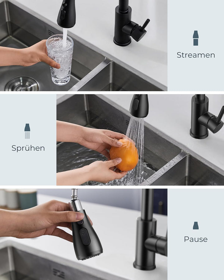 FORIOUS Küchenarmatur mit Seifenspender, ausziehbarer Wasserhahn Küche mit 2 Strahlarten, Einhebelmi