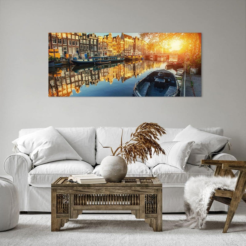 Wandbilder Dekoration Wohnzimmer Kanal Boot Amsterdam Wasser Panorama Bilder auf Leinwand 120x50cm L