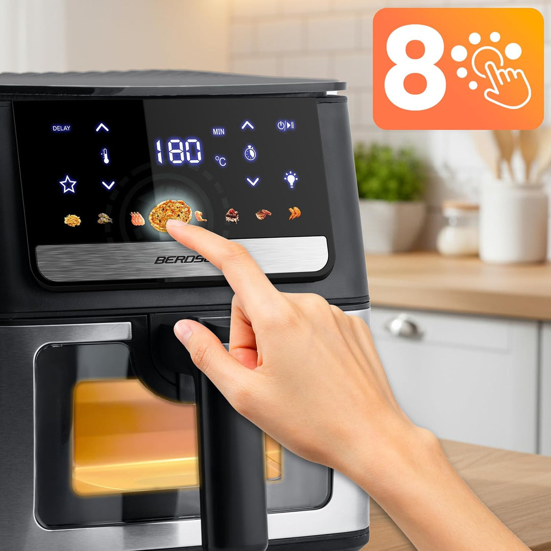 Berdsen Heissluftfritteuse XL 6,5L - Airfryer mit Sichtfenster und Touchscreen - 1700W - 8 Programme