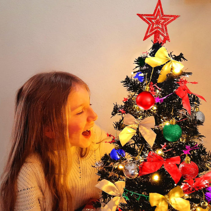 Weihnachtsbaum künstlich (WBD) 90 cm grün mit Weihnachtsdeko bunt und Led Lichterkette mit Batterieb