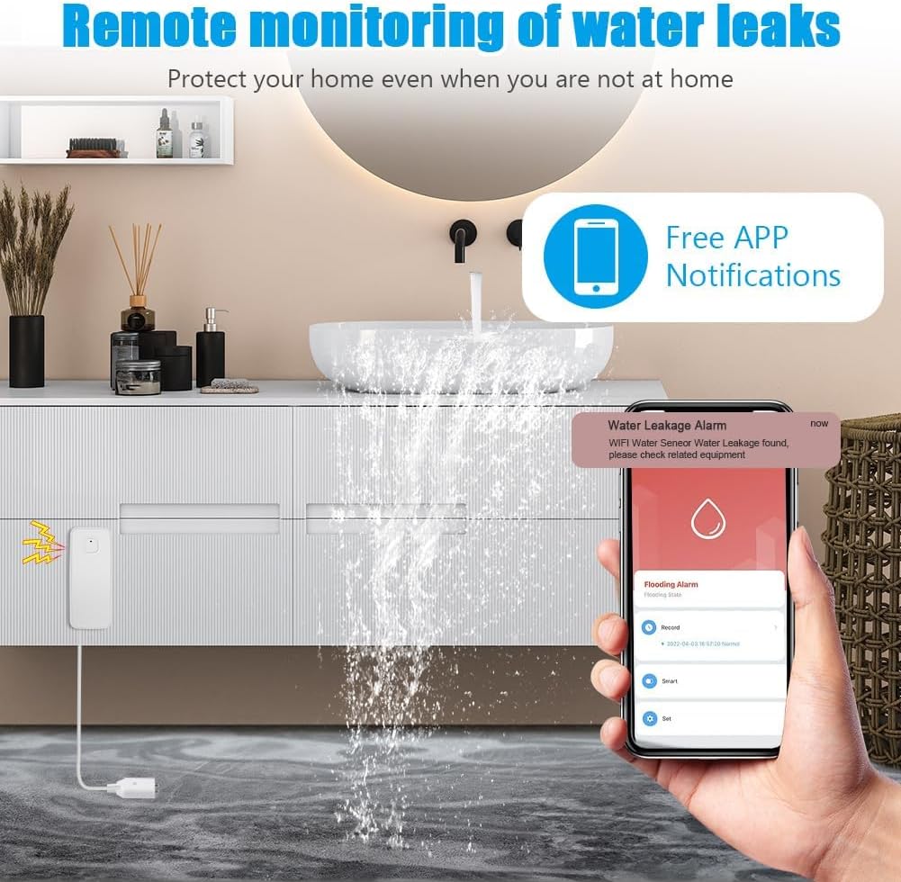 Flintronic 2 Stück Wassermelder, 80dB Wasser Sensor Alarm Wasserwarner Flut Detektor, 1m Sensorkabel