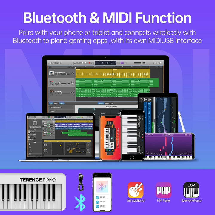 TERENCE Piano mit 88 Tasten Faltbares Klaviertastatur mit 1800mAh Batterie unterstützung MIDI USB-Sc