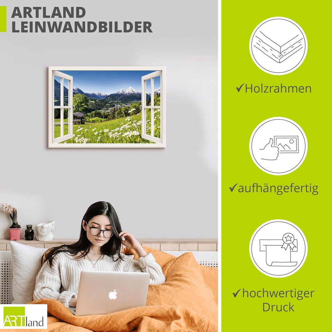 Artland Leinwandbild Wandbild Bild auf Leinwand 70x50 cm Wanddeko Fensterblick Fenster Alpen Landsch