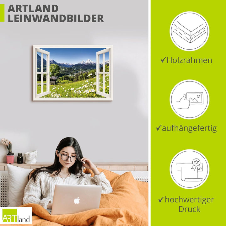 Artland Leinwandbild Wandbild Bild auf Leinwand 70x50 cm Wanddeko Fensterblick Fenster Alpen Landsch