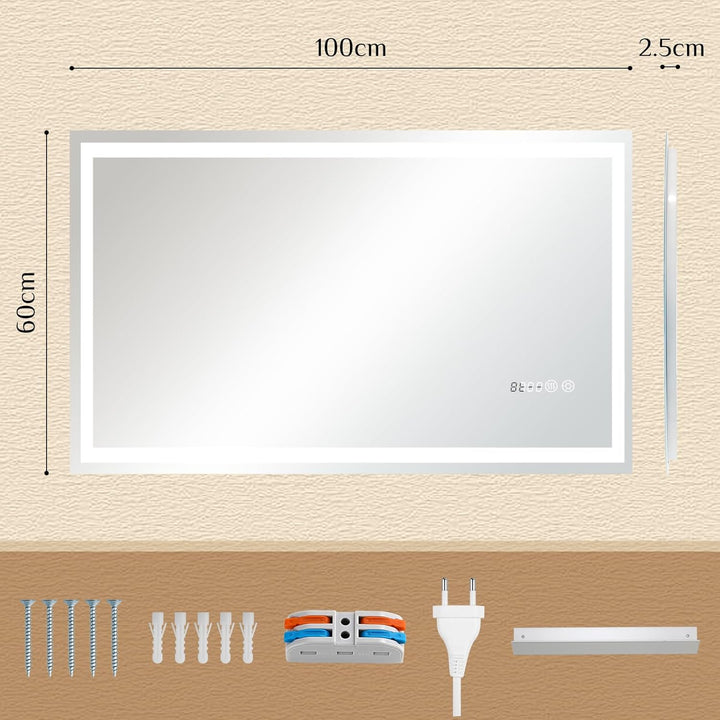 Clevich Badspiegel mit Beleuchtung und Uhr 100×60 cm, LED Spiegel mit 3 Lichtfarben dimmbar, gehärte