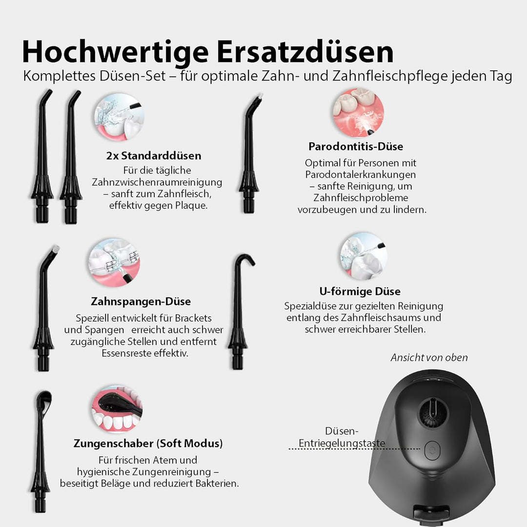 Tristan Auron Munddusche – 6 Ersatzdüsen und Reisetasche, 5 Modi, 8 Druckstufen inkl. Shoot Modus, 3
