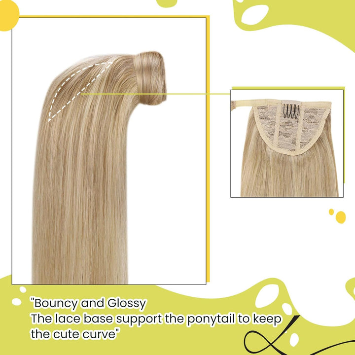 RUNATURE Ponytail Extension Echthaar Blond Highlight 30cm Kurz Echthaar Zopf Aschblond Mit Blond Men