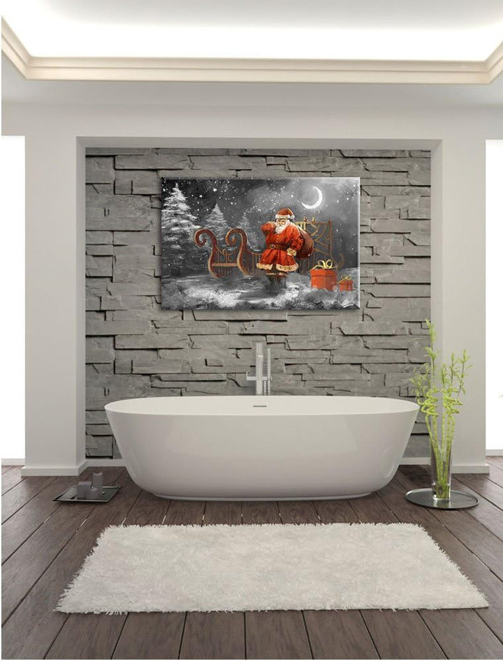 Pixxprint Weihnachtsmann mit Geschenken als Leinwandbild/Grösse: 100x70 cm/Wandbild/Kunstdruck/ferti