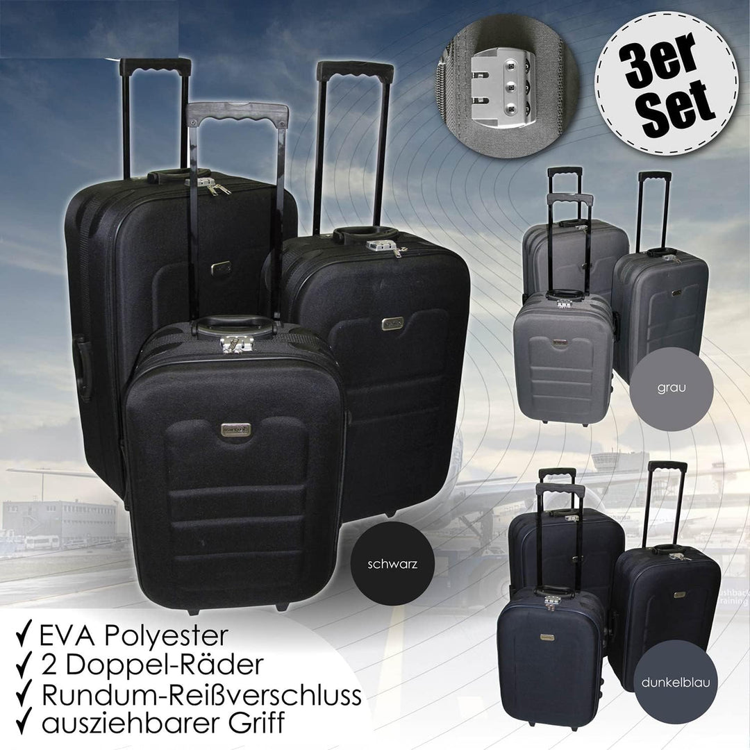 3er Set Teleskop Reisekofferset Kofferset Trolley Koffer Reisetasche Rollen Eva Polyester Grau