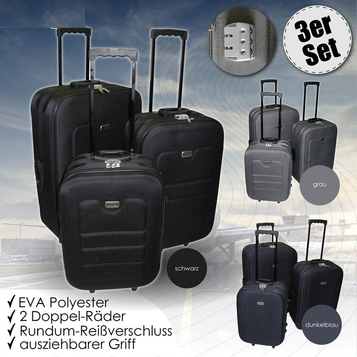 3er Set Teleskop Reisekofferset Kofferset Trolley Koffer Reisetasche Rollen Eva Polyester Grau