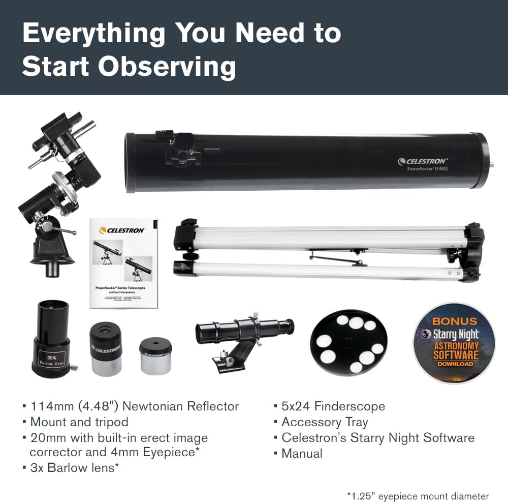Celestron 21045 PowerSeeker 114EQ Spiegelteleskop - mit Zwei Okularen, Einer Barlow-Linse, höheneins