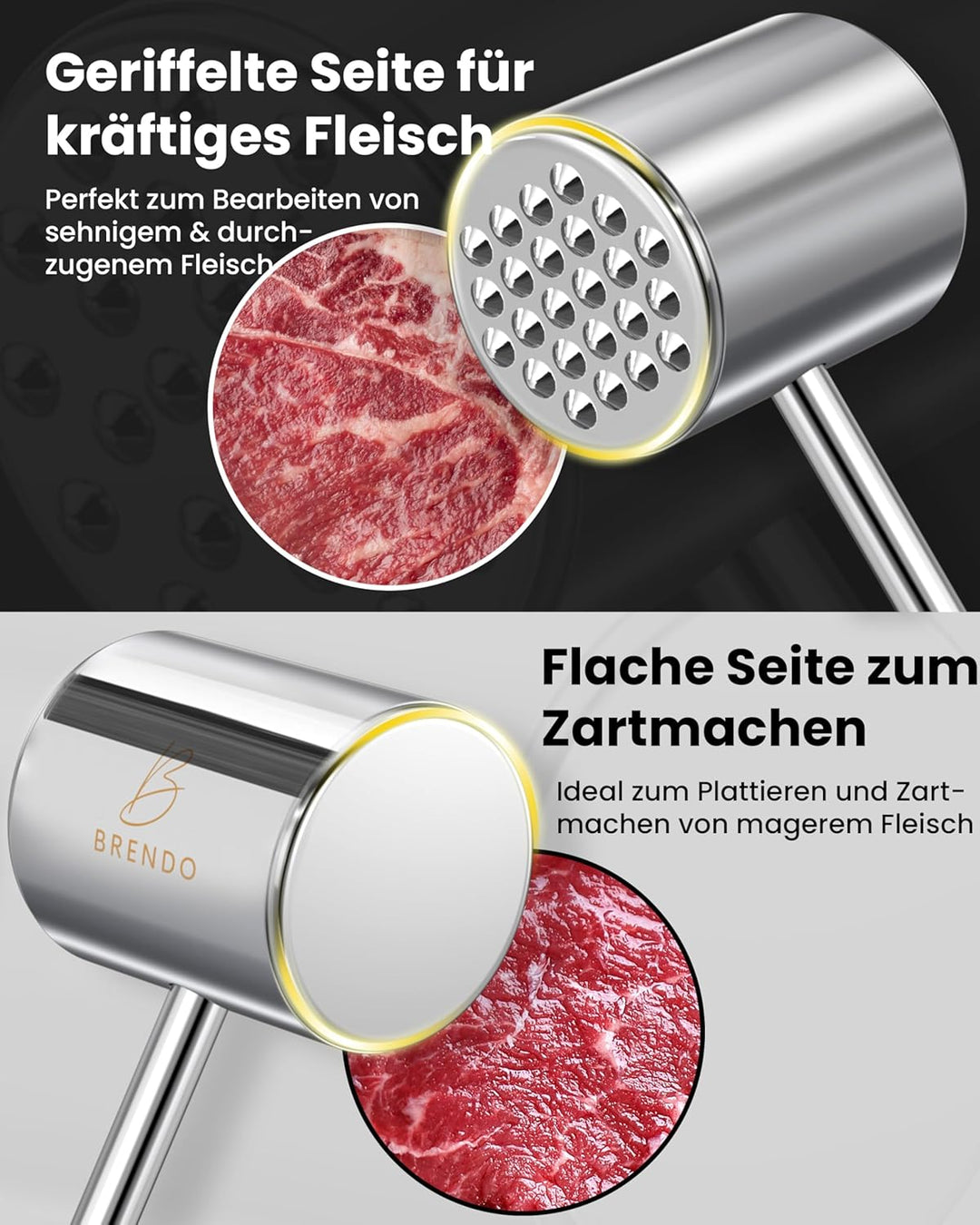 Brendo Edelstahl Fleischklopfer - Ideal für alle Fleischsorten mit Flacher & zackiger Schlagfläche I