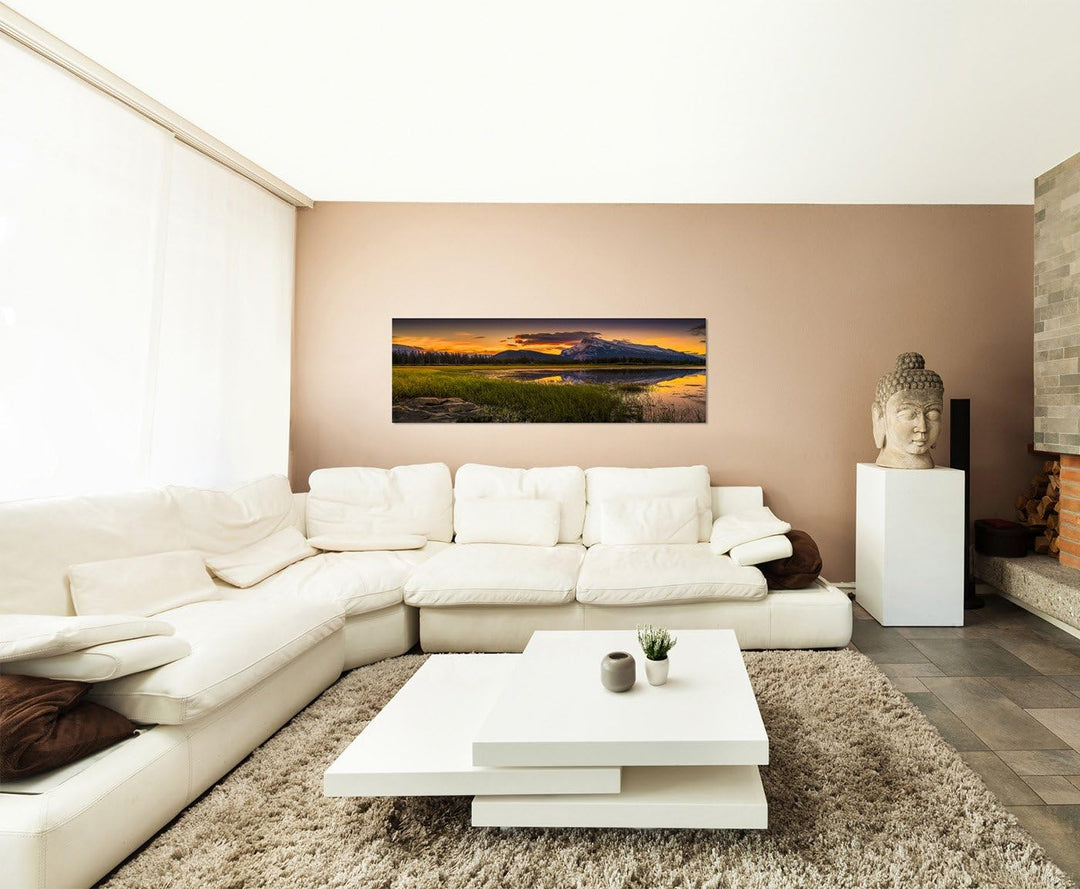 Wandbild auf Leinwand als Panorama in 150x50cm Kanada Wiese See Berge Sonnenaufgang