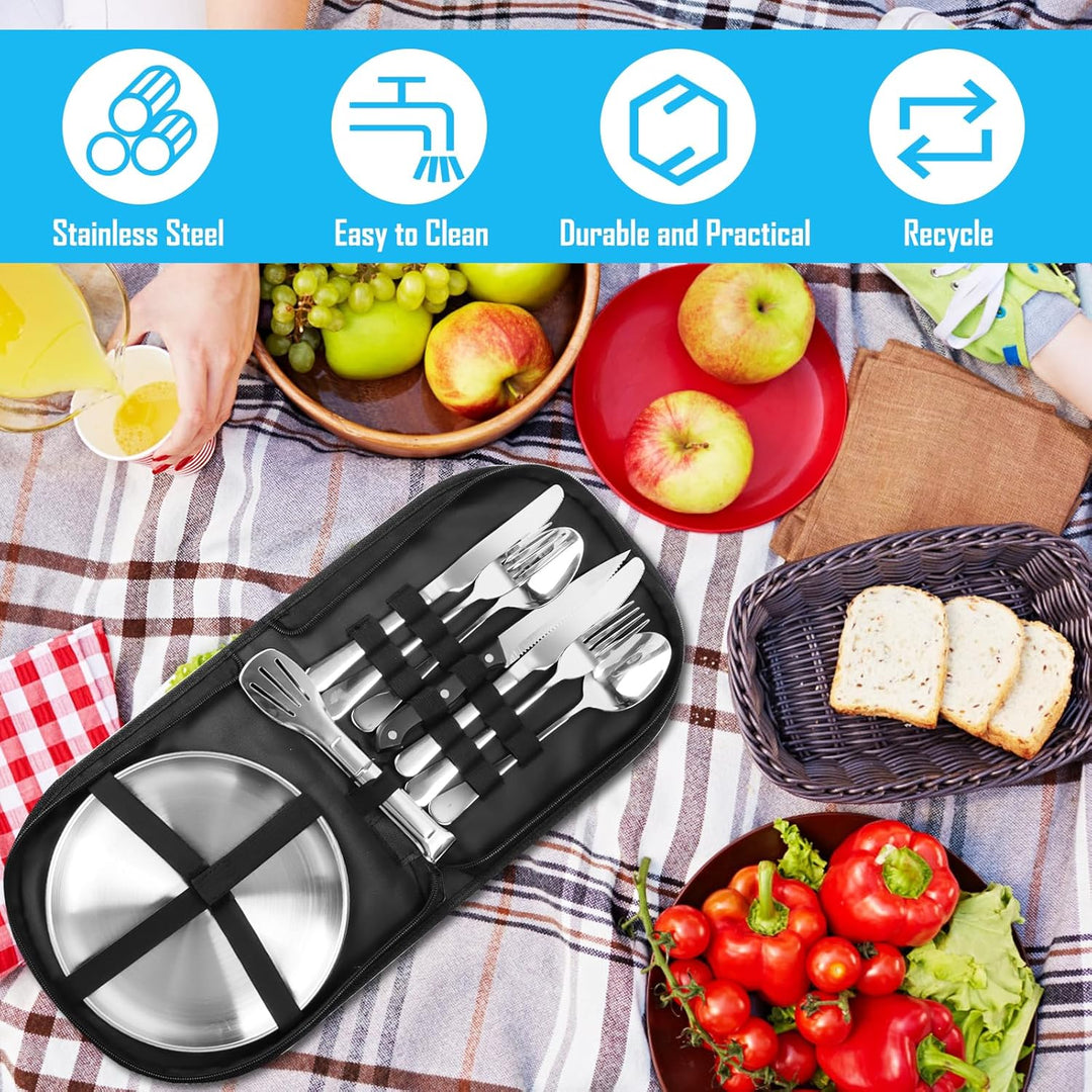 Camping Geschirr Set 2 Personen,12-teilig Besteckset mit Edelstahl Gabeln Tragbars Campingbesteck au