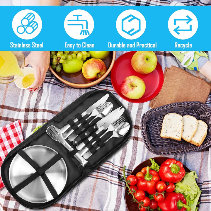 Camping Geschirr Set 2 Personen,12-teilig Besteckset mit Edelstahl Gabeln Tragbars Campingbesteck au