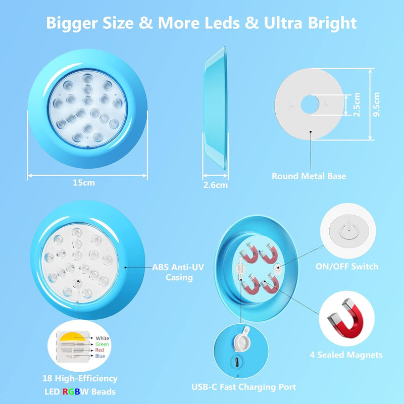 LyLmLe Magnetische LED Poollicht für Aufstellpools,15cm RGBW Unterwasser Led Poolbeleuchtung mit Fer