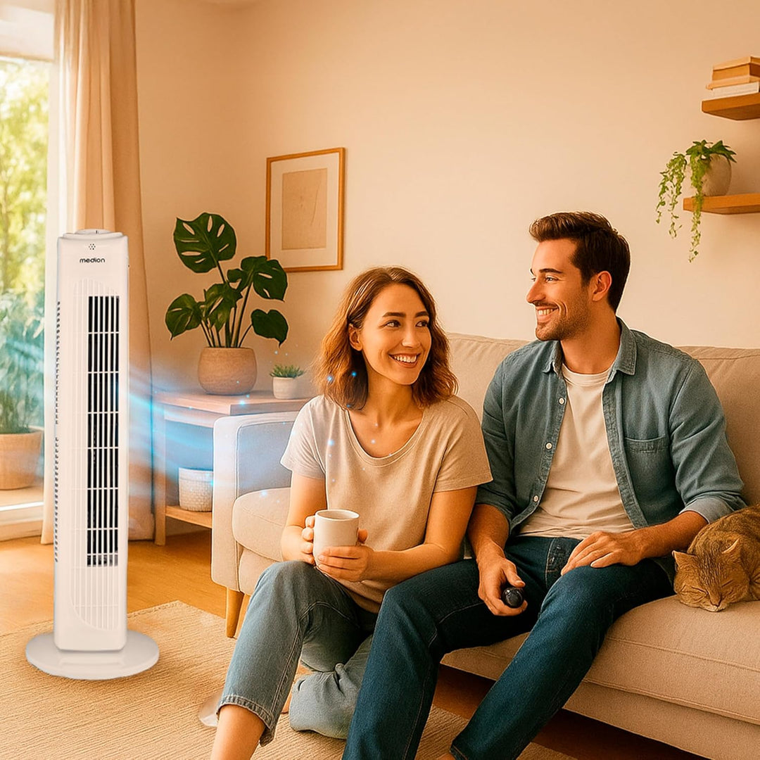 MEDION E11 TF Turmventilator mit Fernbedienung (3 Geschwindigkeitsstufen, leiser Schlafmodus, 45 Wat