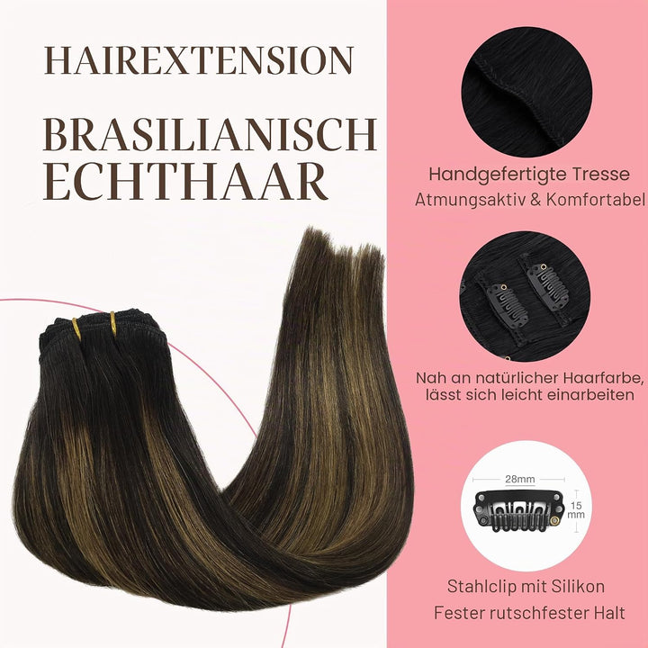 GOO GOO Clip in Echthaar Extensions, 50cm 20 Zoll 120g 7 Stück Balayage Naturschwarz Gemischt Kastan