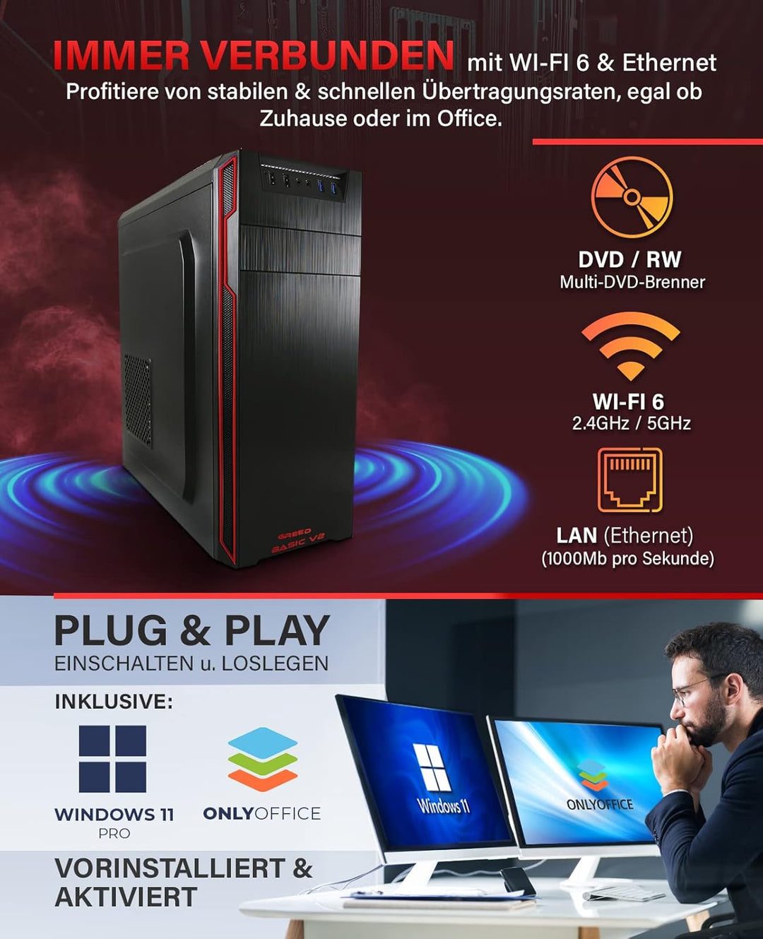 Greed® Basic V2 PC mit AMD Ryzen 5 4600G - Schneller Rechner + Computer für Büro & Home Office mit 4