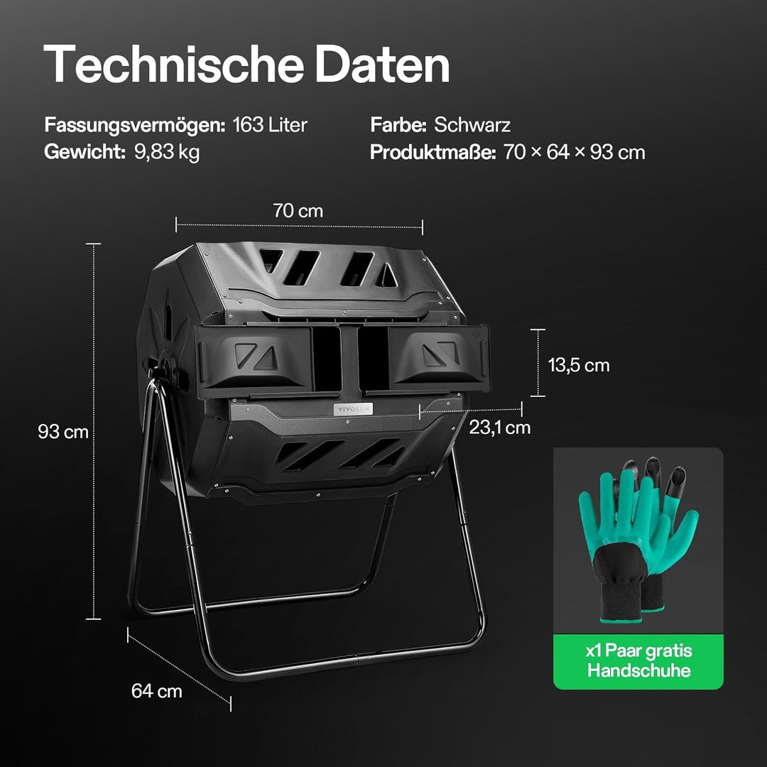 VIVOSUN Trommelkomposter 163L, Drehbarer Schnellkomposter mit 2 Kammern, Robuster Kunststoff Gartenk