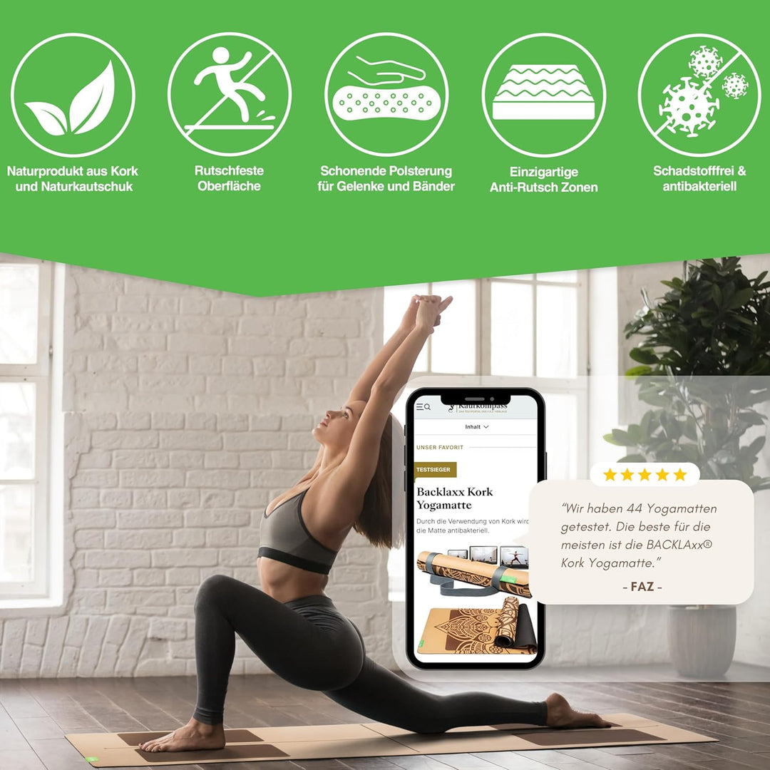 BACKLAXX® Yogamatte Kork mit Naturkautschuk | FAZ Testsieger 2026 | Yoga Matte Kork nachhaltig | Sch