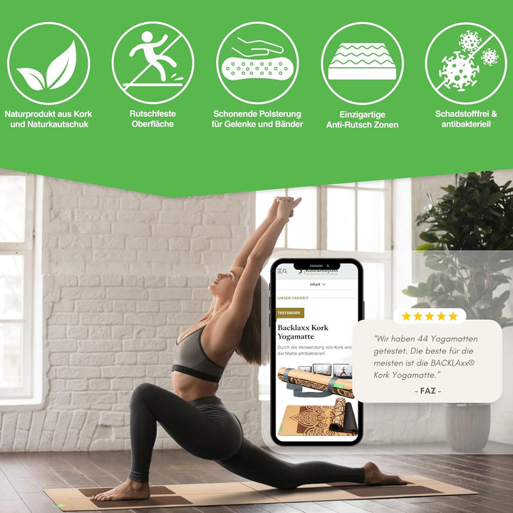 BACKLAXX® Yogamatte Kork mit Naturkautschuk | FAZ Testsieger 2026 | Yoga Matte Kork nachhaltig | Sch