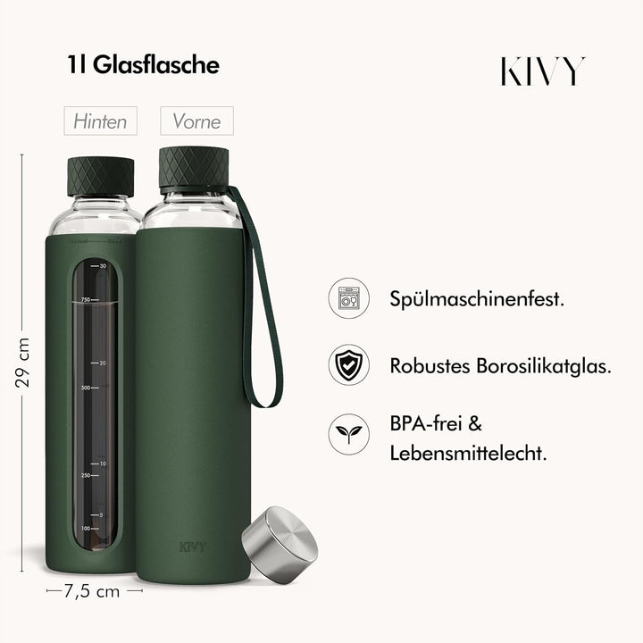 KIVY Glas Trinkflasche 1l mit Silikonschutz [KOHLENSÄURE GEEIGNET] Glasflasche 1 Liter - Wasserflasc