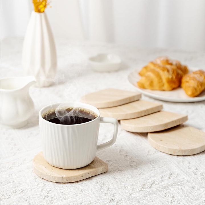 Marmor-Untersetzer, Beige Travertin Stein Marmor 5er-Set mit Korkboden, saugfähige Untersetzer für T