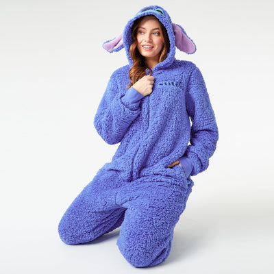 Disney Stitch Onesie Damen & Teenager, Lilo und Stitch Fleece Einteiler Damen mit Kapuze & Ohren Ges