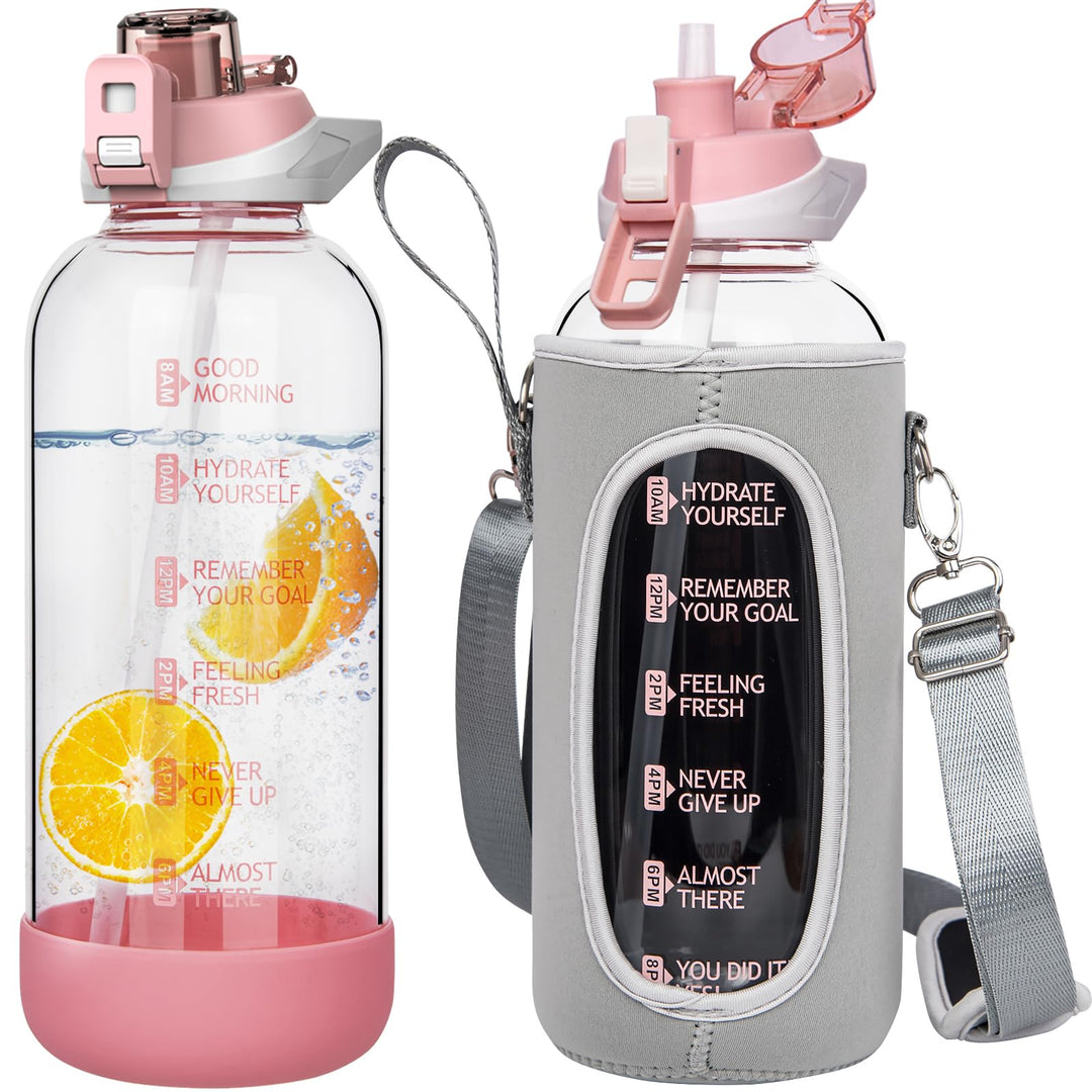Seekua 2l Sport Trinkflasche Glas Flasche mit Strohhalm &amp; Zeitmarkierung auslaufsicher bpa frei 2 li