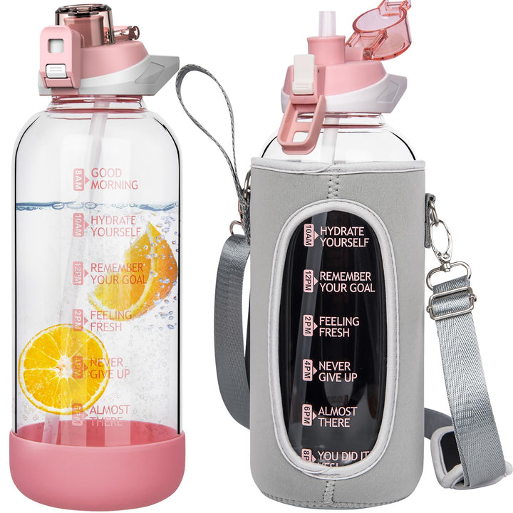 Seekua 2l Sport Trinkflasche Glas Flasche mit Strohhalm &amp; Zeitmarkierung auslaufsicher bpa frei 2 li