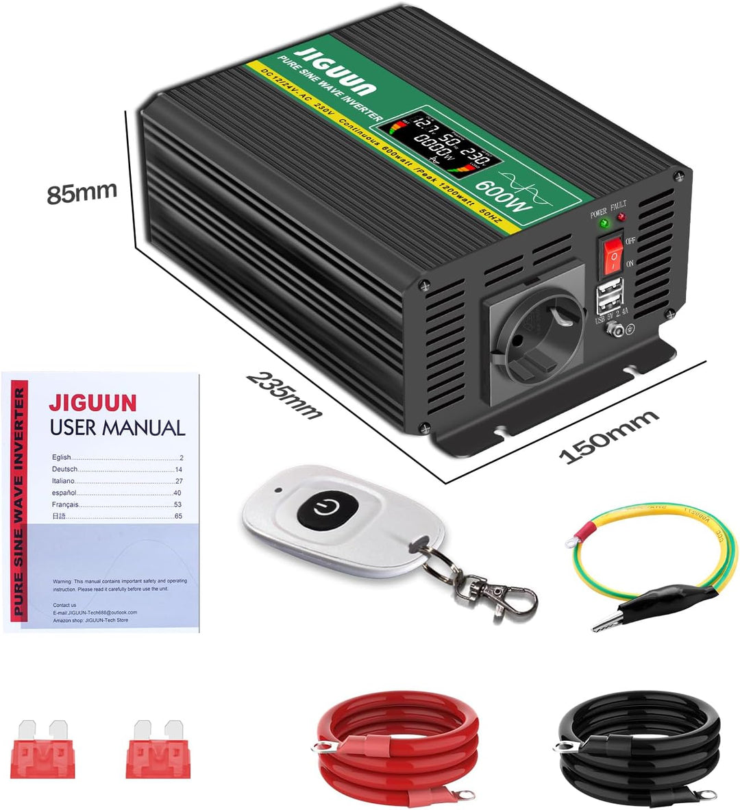 JIGUUN 600W Wechselrichter Reiner Sinus Spannungswandler 12v 230v Inverter Mit EU-Steckdose und 2 US