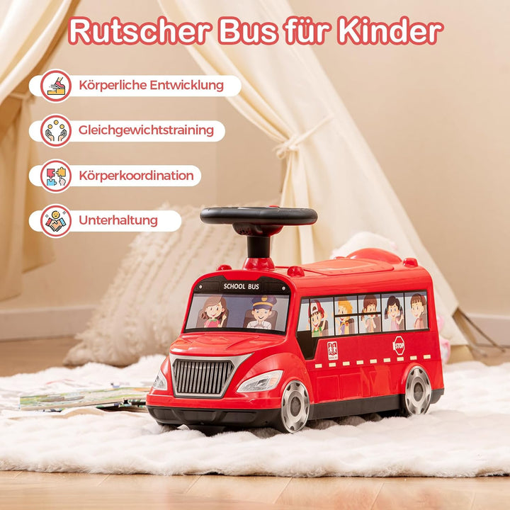 GOPLUS Rutschauto in Busoptik, Rutscherfahrzeug mit Lenkrad, Musik & Stauraum unter dem Sitz, fussge