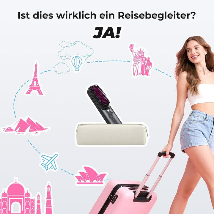 Bopcal Mini Glättbürste - 10000mAh Ionen Haarglätter Bürste Kabellos, Professioneller Verbrühungssch