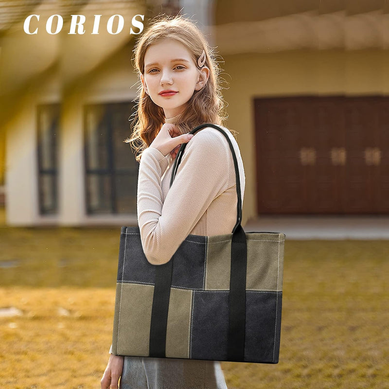 CORIOS Damen Handtasche Canvas Tragetasche Patchwork Henkeltasche Casual Schultertasche Grosse Kapaz