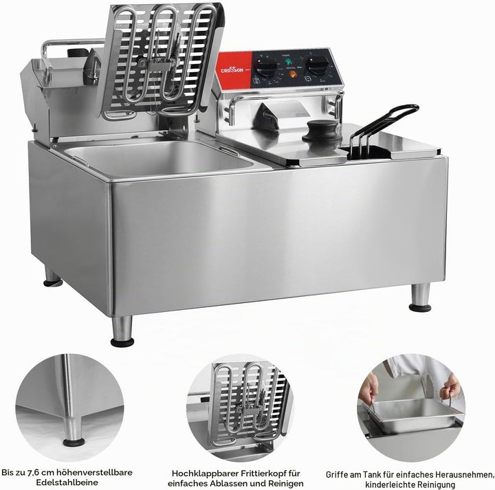 CROSSON 16L Elektrische Fritteuse mit doppeltem Tank und rotierendem Fritteusenkopf, 30-Minuten-Time