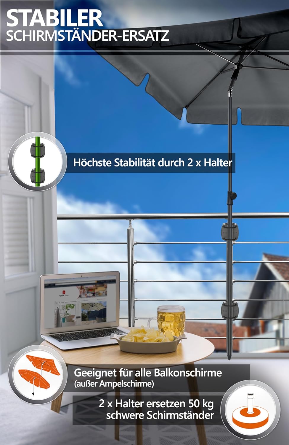 4smile Sonnenschirm Balkon SunnyShade - Sonnenschutz Balkon 4-in-1 SET, Anthrazit - Sonnenschirm rec