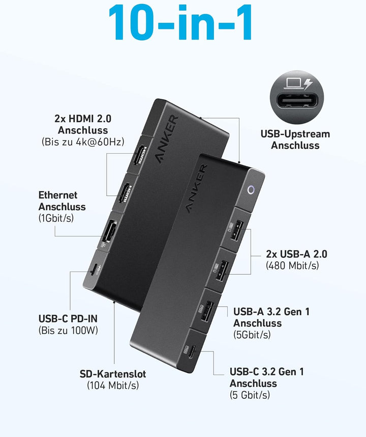 Anker 364 USB-C Hub (10-in-1, Dual 4K HDMI) mit max. 85W Power Delivery, Zwei 4K HDMI-Anschlüssen, e