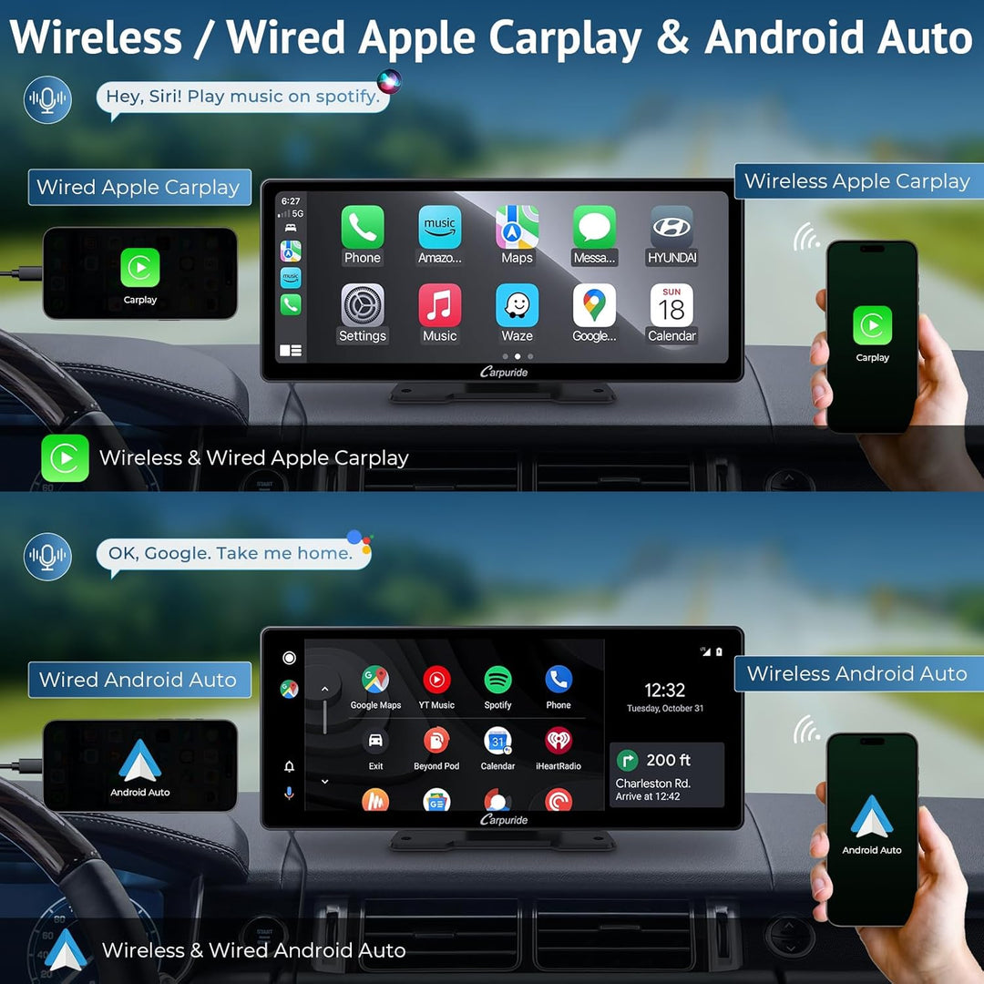 Carpuride W103 Pro Drahtloser Bluetooth Übertragung Tragbarer Apple Carplay &amp; Andorid Auto Autoradio